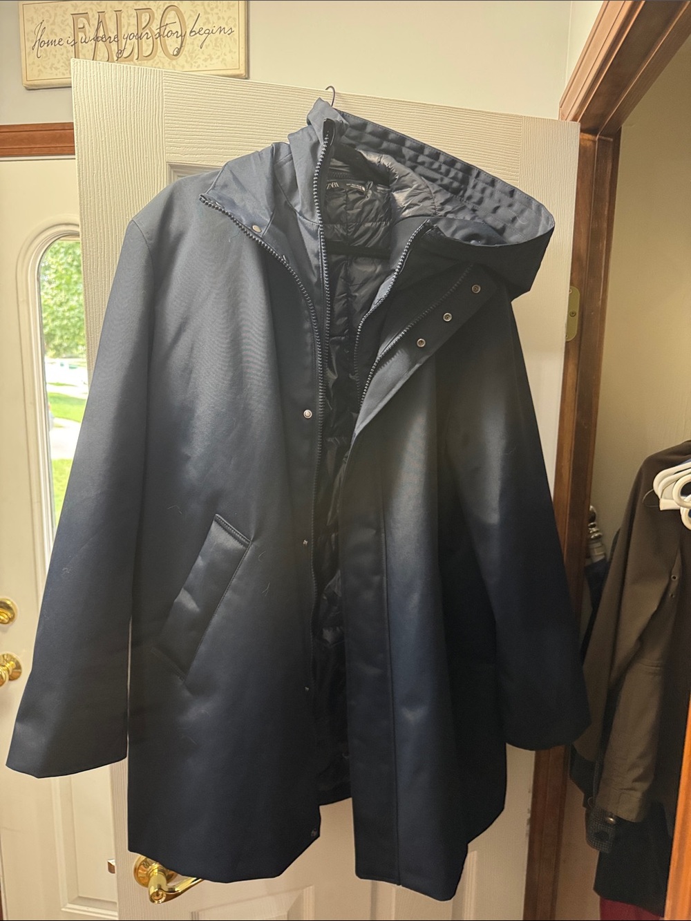 Zara Men's Navy Hooded Raincoat with Quilted Inner Vest